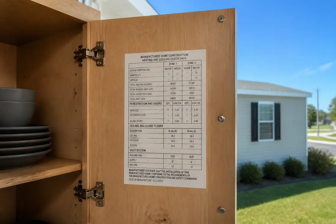 The data plate inside a manufactured home cabinet
