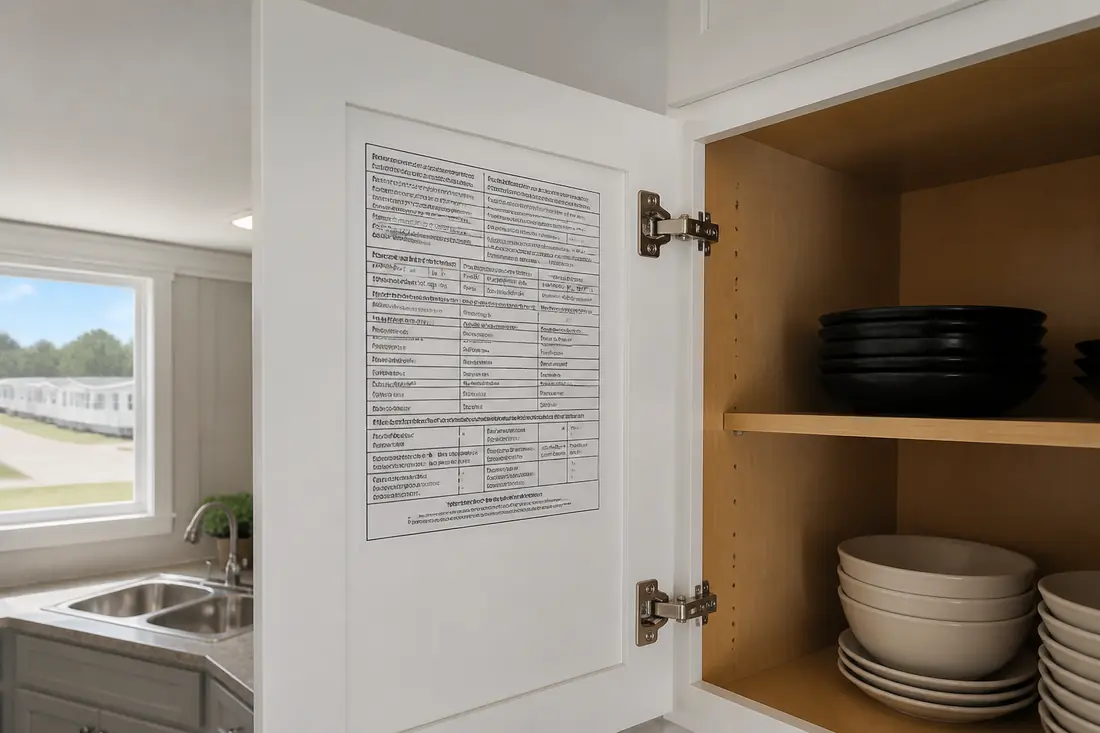 A manufactured home data plate mounted inside a cabinet door