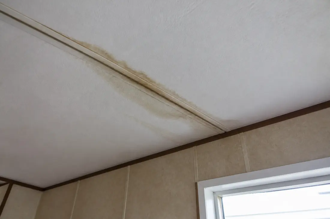 A brown water stain spreading along a ceiling seam inside a manufactured home