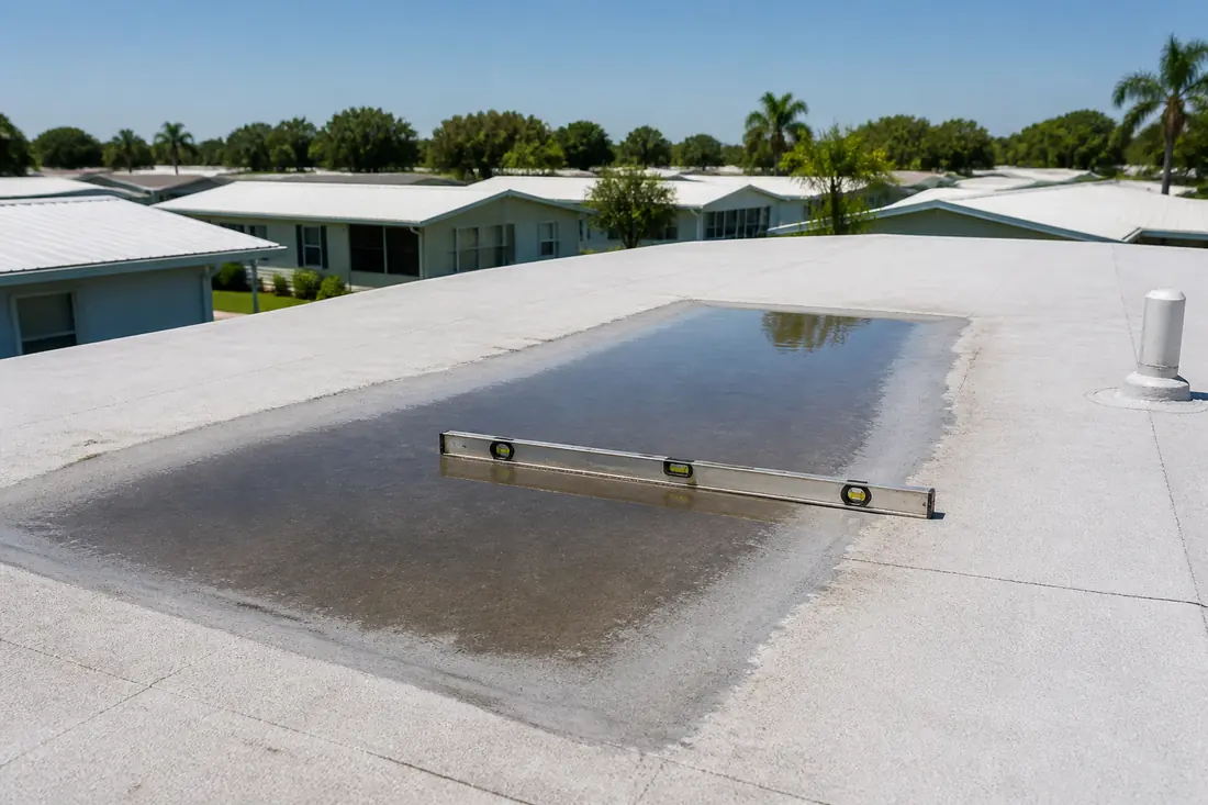 A shallow pool of standing water on a low-slope manufactured home roof